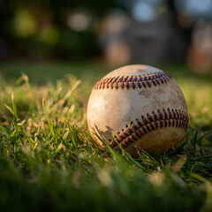 A close-up of a worn baseball resting on a green grassy field, captured in warm natural light with shallow depth of field, evoking nostalgia and classic summer sports