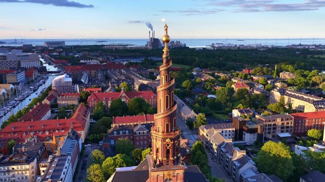 aerial view of Copenhagen famous church of Our Saviour, historic district of downtown Copenhagen, capital of Denmark, Danish capital drone shot