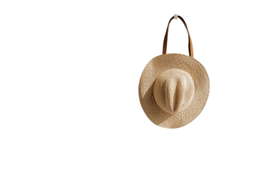 A beach bag and sun hat hanging on a white isolated on a transparent background in PNG format.