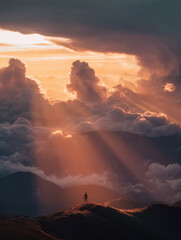 Man standing on a mountain top and admiring beautuful landscape. Sun rays piercing clouds at sunset. Cinematic light.