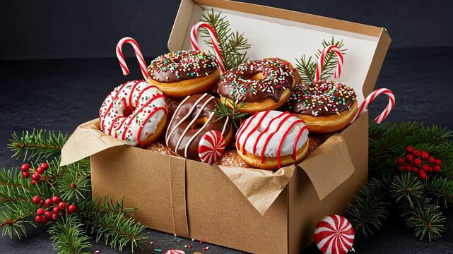 Festive donut box with holiday decor and candy canes in a joyful christmas setting