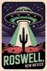 A vibrant travel decal design showcasing a classic
flying saucer hovering above the New Mexico desert, perfectly suited for car bumpers or luggage.