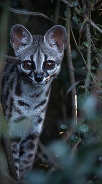 Mysterious Spotted Genet Emerging from a Dark Woodland