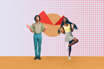 Collage of happy people jumping dancing near rising graph representing business growth achievement income success