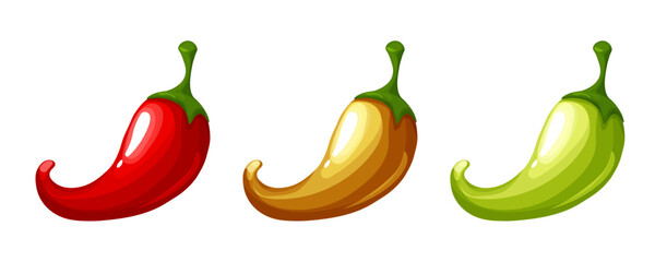 Pepper Spicy chili pepper level scale icon, label. Traditional Mexican, Chinese, asian spicy levels. mild, spicy, hot. Red, orange and green Chili pepper red outline icon