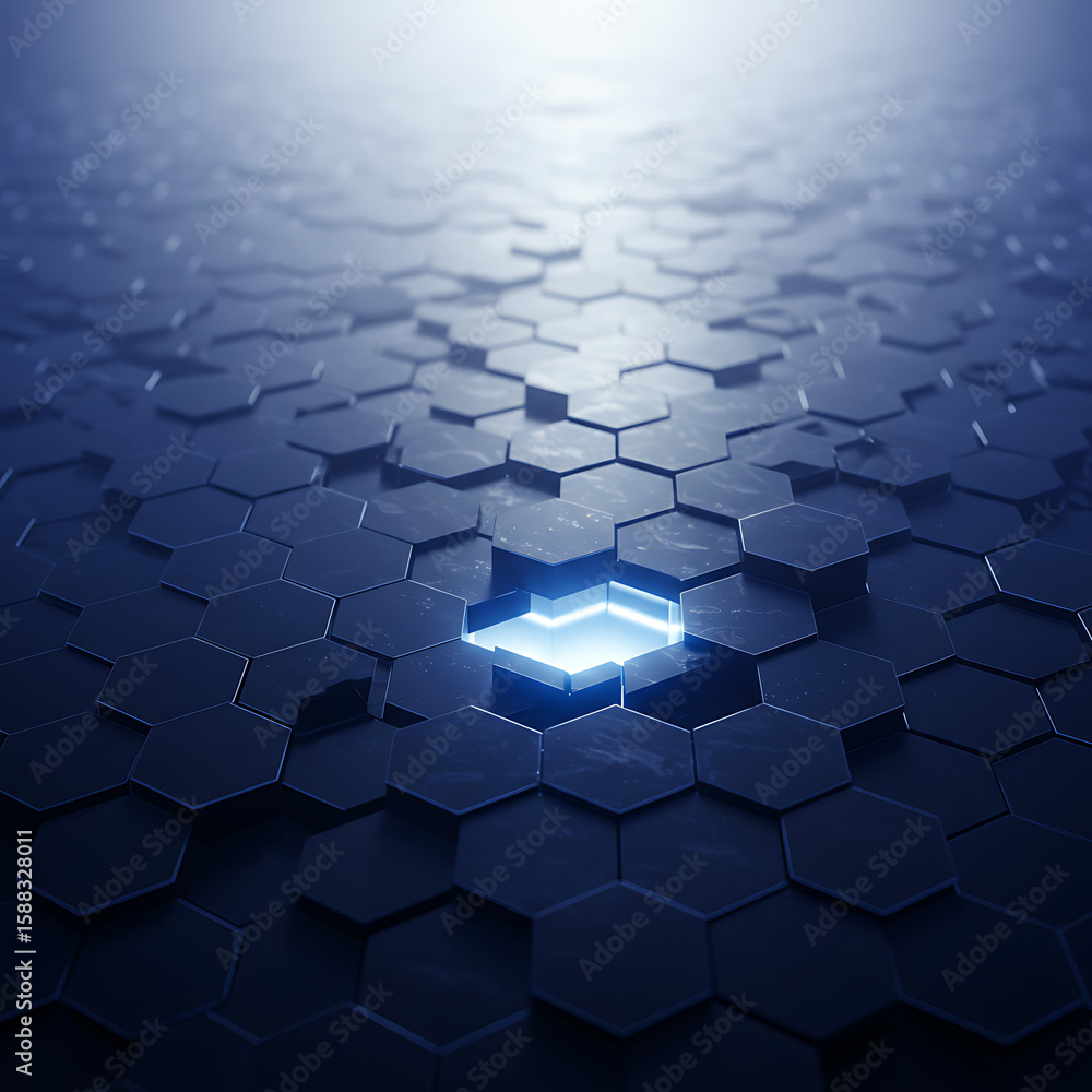 Poster an abstract 3d background of dark hexagonal tiles with one central tile glowing with a vibrant blue 