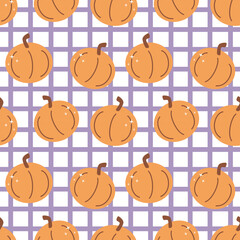cute hand drawn seamless vector pattern illustration for thanksgiving holiday with pumpkins on purple stripes background