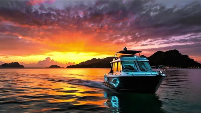 A serene scene of a boat floating on calm waters during a vibrant sunset, with the sky painted in shades of orange, pink, and purple. The boat is positioned in the foreground