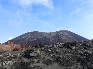 A barren view of the actively steaming crater of Anak Krakatau volcano.