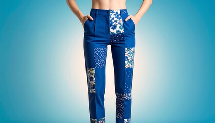 Woman wearing blue patchwork pants against a gradient background