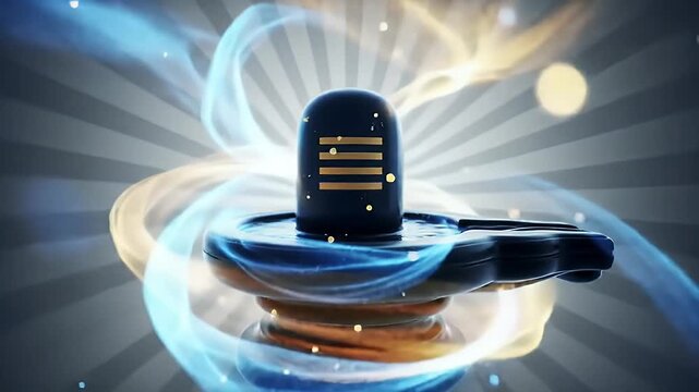 Abstract divine animation of Shiva Lingam surrounded by swirling blue and golden light trails, sparkling glowing particles, and soft radial gradient background