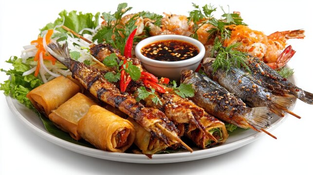 A delicious platter of assorted grilled seafood and spring rolls. white background