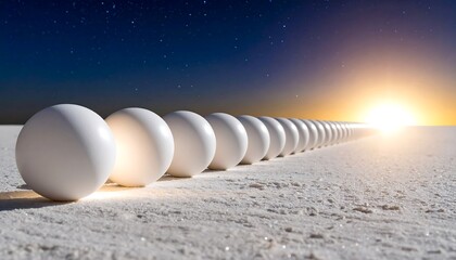 A row of white spheres on a light-colored plain, illuminated by a sunrise