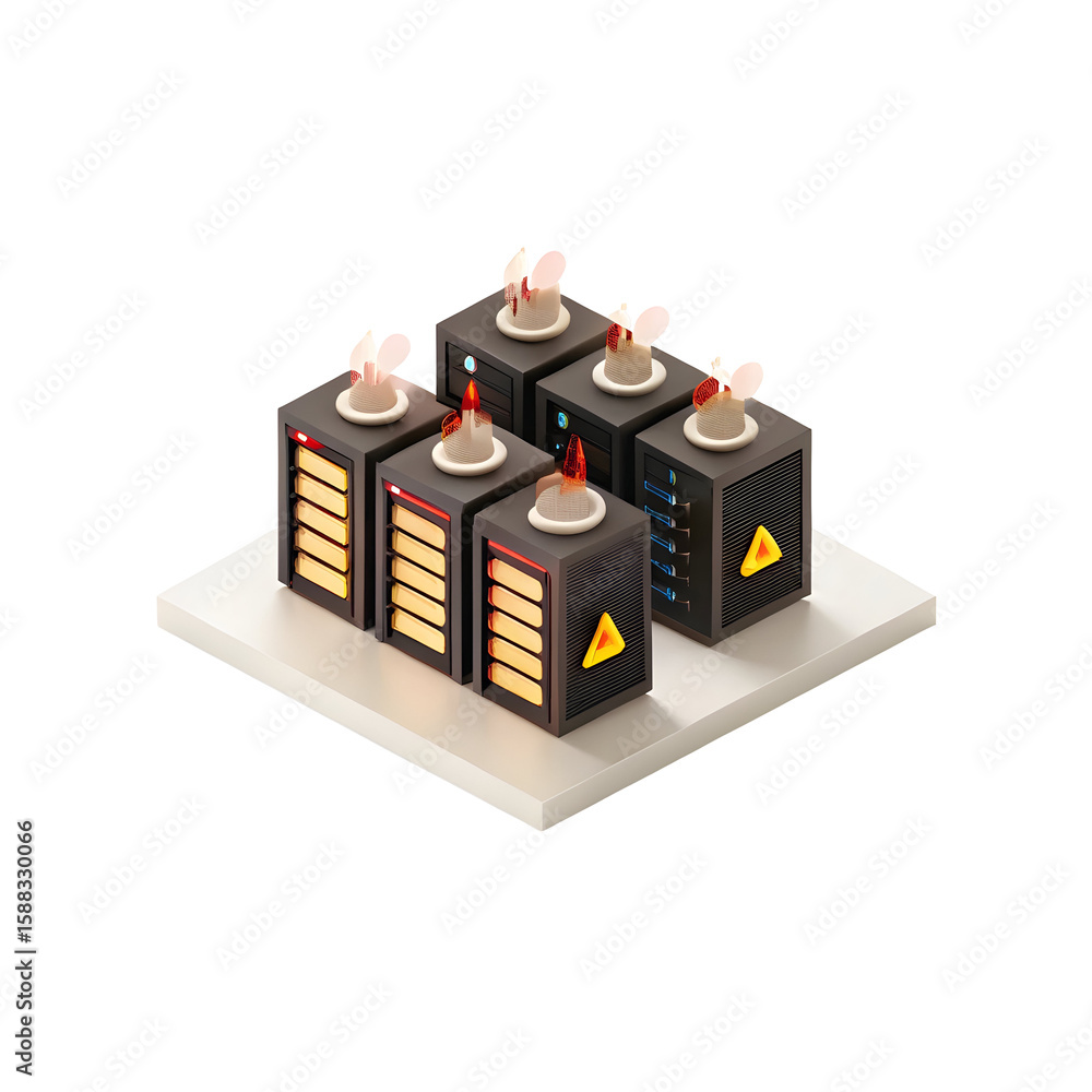 Poster server racks with overheating alerts isolated on a transparent background