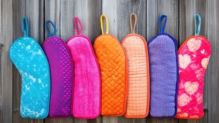 Colorful array of handcrafted oven mitts adds a touch of whimsy and practicality to the rustic charm of a wooden background creating a cozy kitchen accent