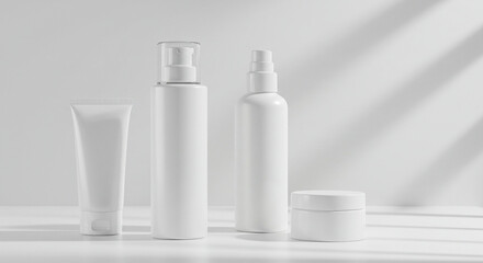 White cosmetic containers arranged on a white surface, showcasing minimalist design and natural light.