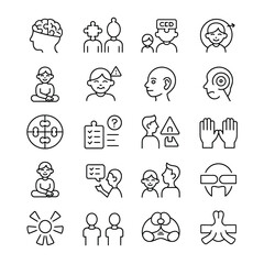 Fototapeta premium Collection of Twenty Five Black Line Icons Depicting Neurological Conditions Cognitive Processes and Therapeutic Interventions Including Brain Diagrams Puzzle Pieces Checklist