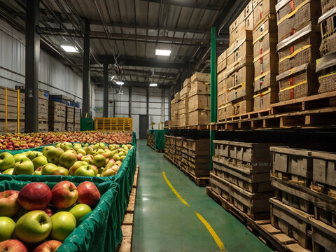 Fresh apples in crates and stacked boxes in a warehouse fruit produce