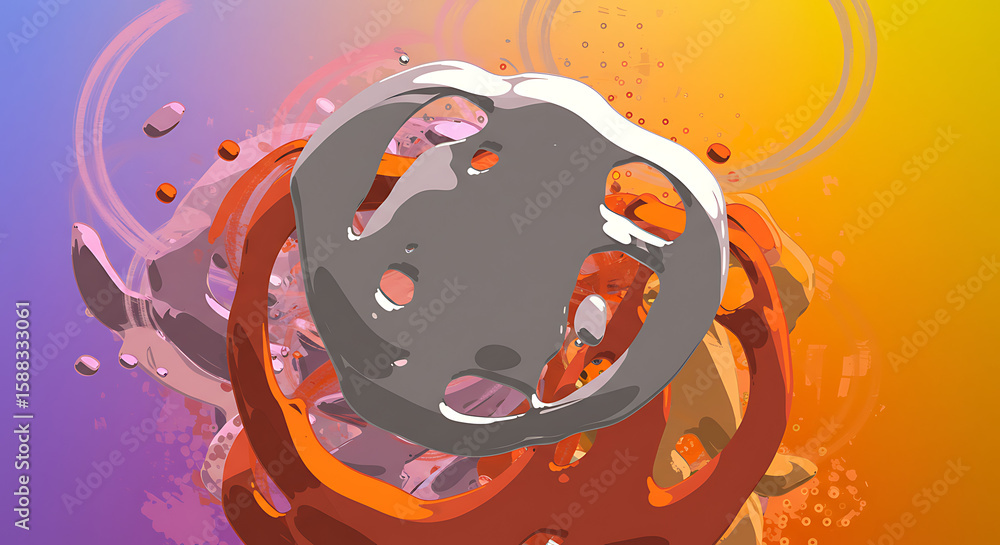 Poster abstract 3d render featuring a central metallic, irregularly shaped object with holes surrounded by 