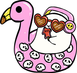 Cute Spooky Summerween ghost in flamingo floaty Halloween Summer cartoon hand drawn doodle