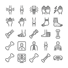Collection of Black and White Line Art Icons Depicting Bones Joints Injuries and X Ray Images of the Human Skeletal System Including Hands Feet Knees and Full Body Xrays