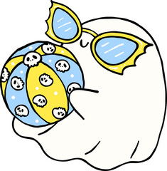 Cute Spooky Summerween ghost with beach ball Halloween Summer cartoon hand drawn doodle