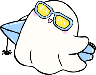 Cute Spooky Summerween ghost with blue surfboard Halloween Summer cartoon hand drawn doodle