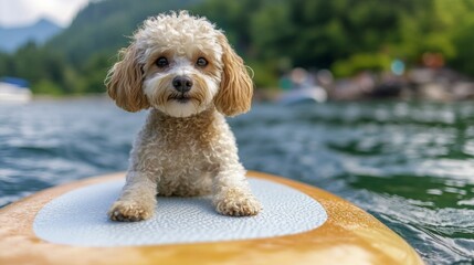 Adorable curly-haired Maltipoo dog standing on a paddleboard in a peaceful lake surrounded by forest and mountains on a sunny day