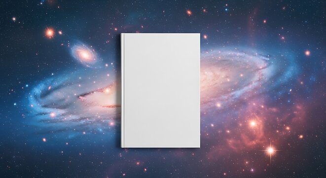 Blank white book cover template floating in a vast and vibrant galaxy background concept for