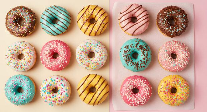 Top view of an assortment of colorful glazed donuts arranged on a light beige or pastel pink background. Each donut is decorated with vibrant icing, rainbow sprinkles, and chocolate drizzle. Some are 