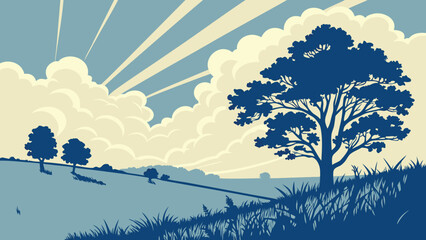 Photo of a large tree silhouetted against a dramatic sky with sun rays and clouds