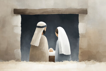A modern, minimalist nativity scene. Mary and Joseph adore the baby Jesus in a manger, viewed from behind. A simple, peaceful illustration symbolizing the hope and serenity of Christmas.