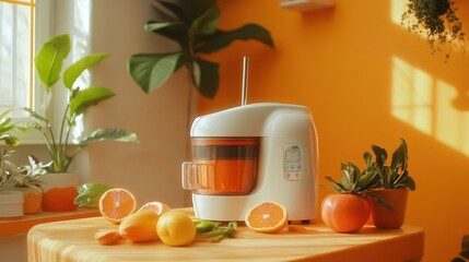 Capturing the Essence of Morning Refreshment: A Still Life Depicting Freshly Squeezed Orange Juice and a Modern Juicer Amidst Lush Greenery and Warm, Inviting Sunlight