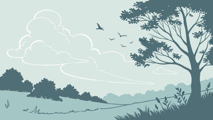 Photo of a lone tree stands in a field under a sky with clouds and birds flying overhead