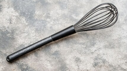A sleek black whisk rests gracefully on a textured gray surface, radiating an aura of culinary readiness and subtle sophistication within a minimalistic composition