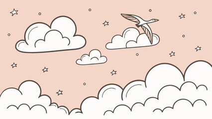 Photo of a whimsical sky with fluffy clouds, stars, and a bird flying through the air
