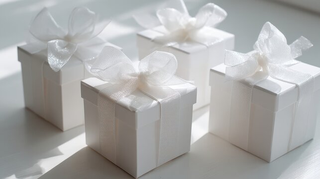 Elegant white gift boxes with soft ribbons in a bright setting.