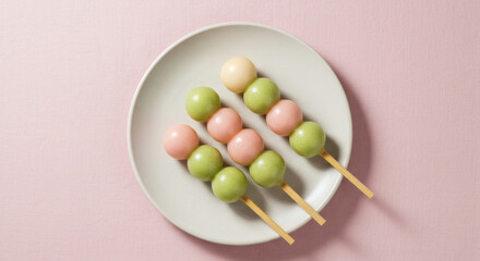 Top view of pastel-colored dango (Japanese mochi skewers) neatly arranged on a white ceramic plate.