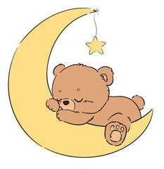  Hand Drawn Teddy bear sleeping on moon with hanging star. Cute baby bedtime vector art