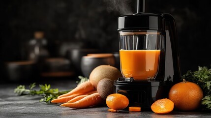 A modern electric juicer preparing vibrant orange juice with assorted fruits and vegetables, set against a deep, rich backdrop, highlighting a healthy and natural lifestyle