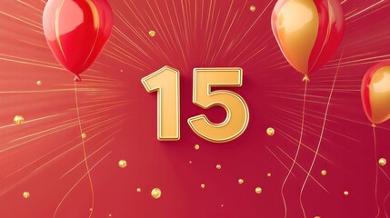 Fifteenth birthday celebration with golden number 15, red balloons, and confetti on a red background.