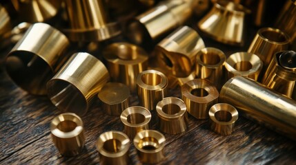 Close-up of various golden metal parts on dark wood.