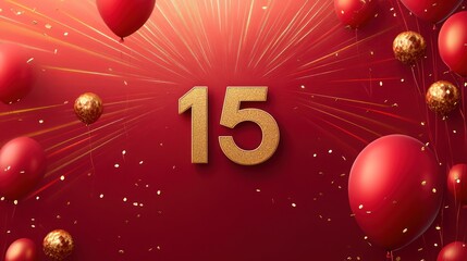 Festive 15th anniversary celebration with red balloons, gold confetti, and radiant burst.