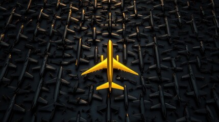 Golden airplane stands out from many dark airplanes.