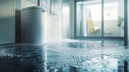 Flooded apartment interior with water damage.