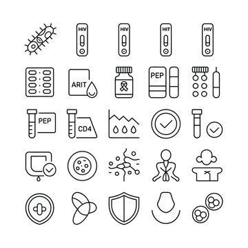Collection of Line Art Icons Depicting H I V Testing Kits Medication Pills Blood Tests C D4 Count Virus Cells and Prevention Methods