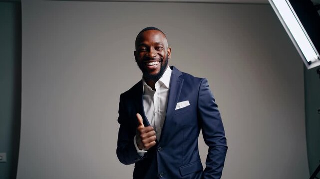 Man in suit and tie. Formal man in business suit. Male with a thumb-up in a studio. A man wearing a suit and tie lifestyle.