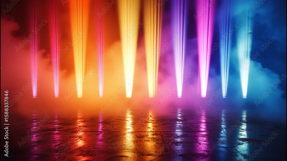 Aufkleber futuristic neon columns reflecting vivid light beams across dark stage in symmetrical pattern.