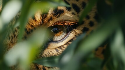 Close-up of a leopard's eye peering through lush green foliage.