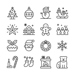 Collection of sixteen monochrome line art Christmas icons depicting a Christmas tree ornament snowman sleigh star house gingerbread man carolers Christmas pudding Santa wreath